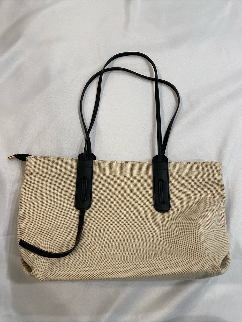 Beige Canvas Tote Bag with Black Straps